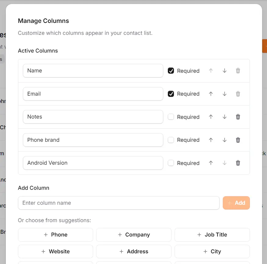 Manage Columns Modal allowing custom fields