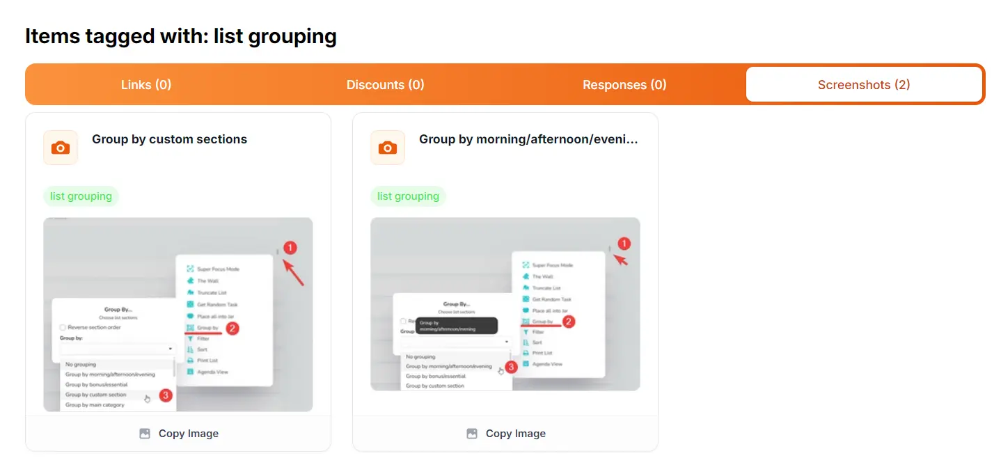 Searching screenshots by tag