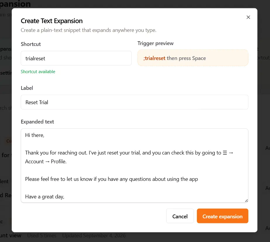 Creating a text expansion in Support Toolbox
