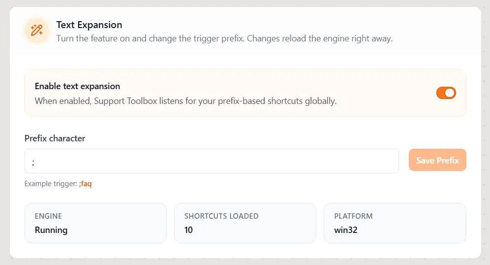Text Expansion settings in Support Toolbox