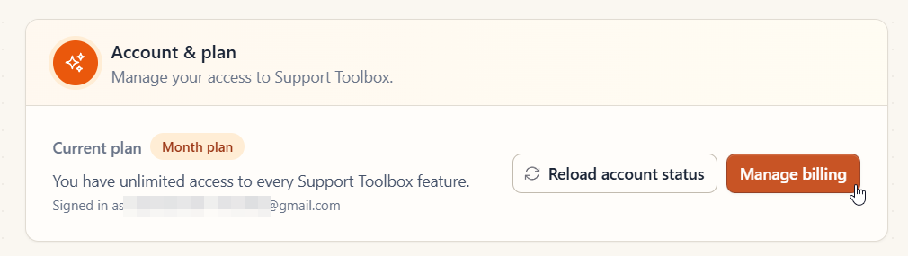 Support Toolbox Settings showing the Manage billing button in the Account & plan section