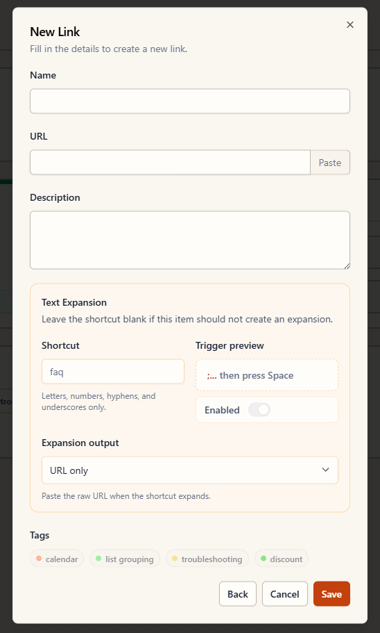 The New Link window with Name, URL, Description, Text Expansion, and Tags fields