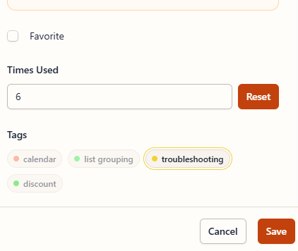 The Tags field in an item’s edit panel with a tag selected