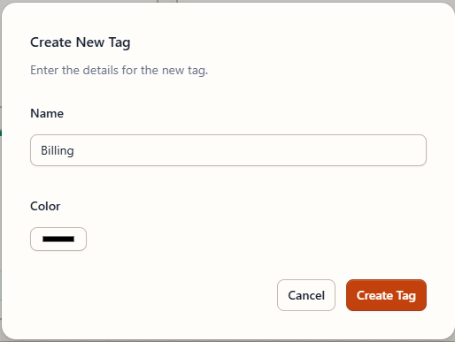 The Create New Tag dialog with Name and Color fields