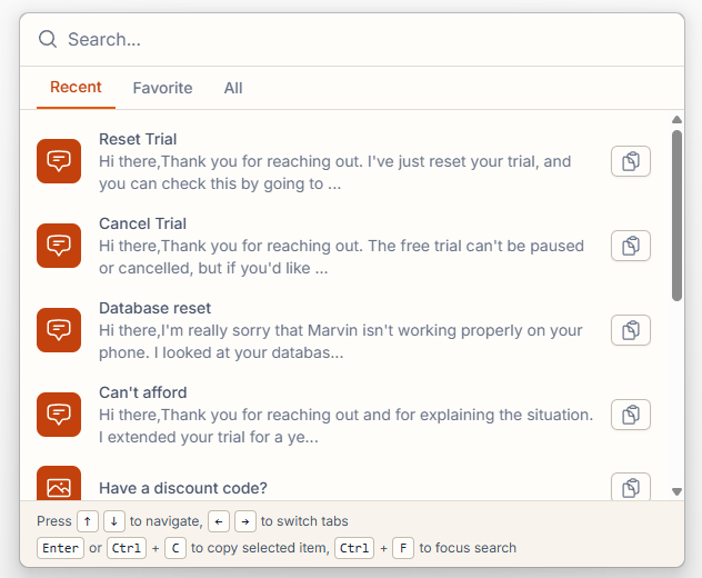 The Quick Search window showing recently used items, each with a copy button