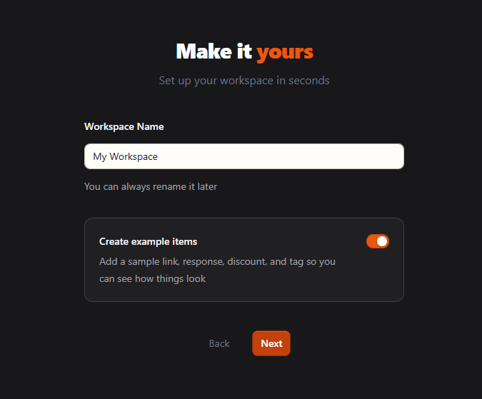 The setup screen with the Workspace Name field and the Create example items switch