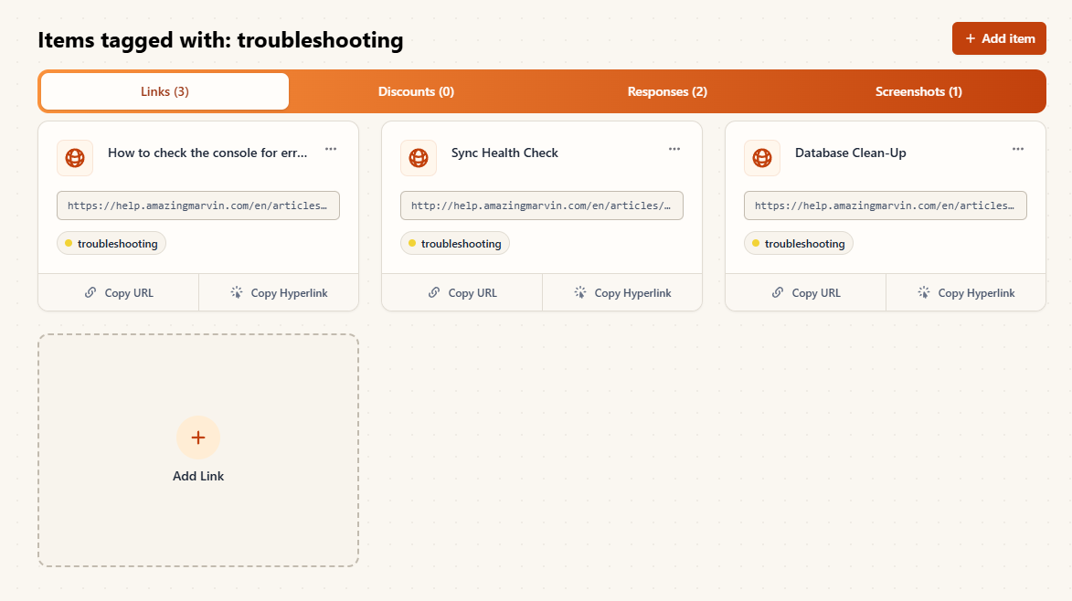 A tag page showing its items grouped into Links, Discounts, Responses, and Screenshots tabs