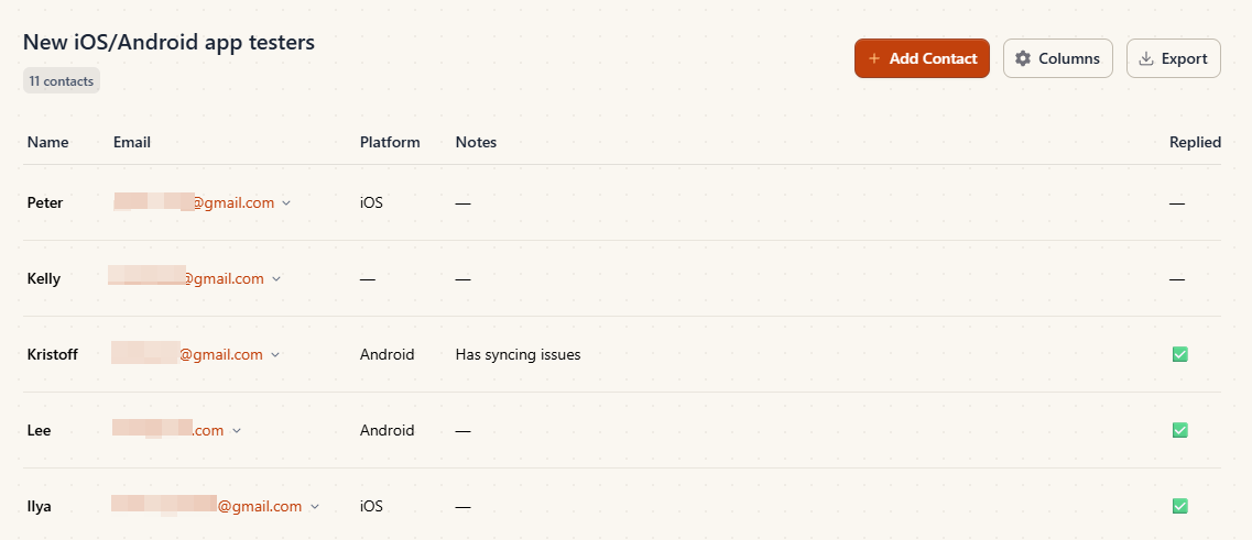 A list with the Export button in the top-right corner