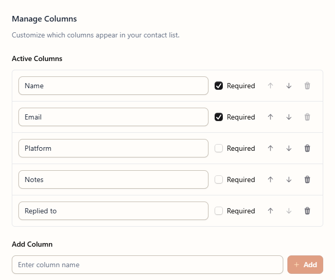 The Manage Columns window with a custom column added under Active Columns