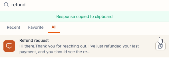 Quick Search showing a confirmation that a response was copied to the clipboard