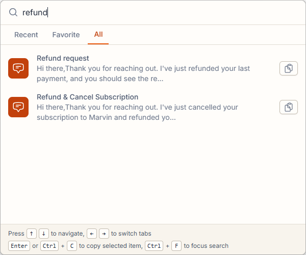 Quick Search showing results for a search term in the All tab