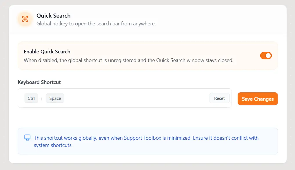 Quick Search settings with the Enable Quick Search switch and keyboard shortcut controls