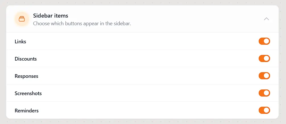 The Sidebar items settings with switches for Links, Discounts, Responses, Screenshots, and Reminders