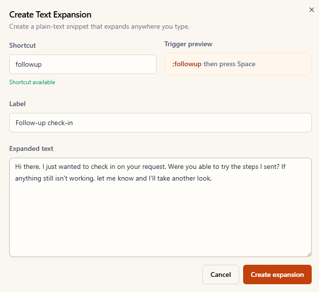 The Create Text Expansion window with Shortcut, Label, and Expanded text fields
