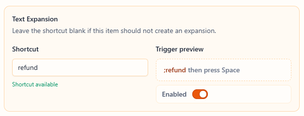The Text Expansion section in an item’s editor with a shortcut entered and its trigger preview