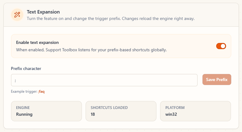 The Text Expansion settings with the Enable text expansion switch and the Prefix character field