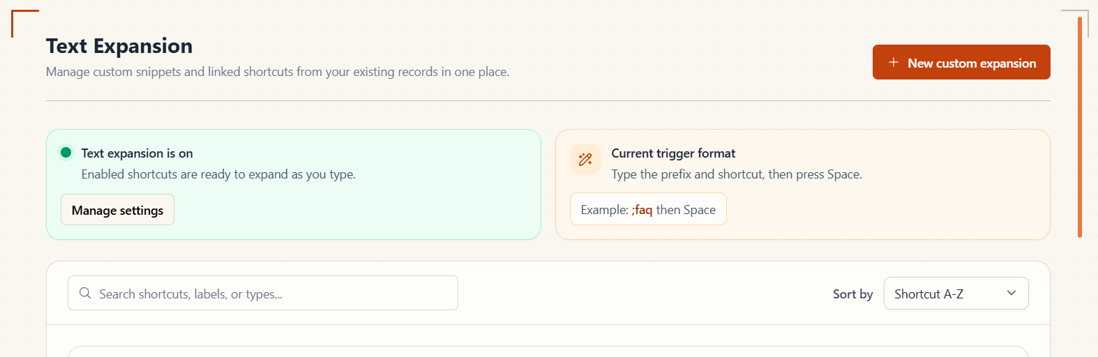 Text Expansion view showing that the feature is on and displaying the current trigger format